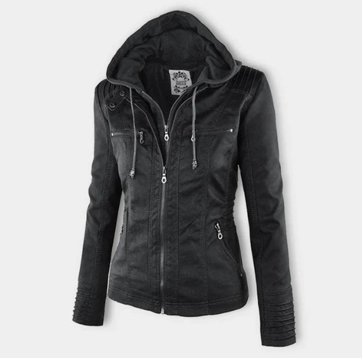 Victoria | Women's Hooded Faux Leather Moto Jacket with Adjustable Drawstring Waist