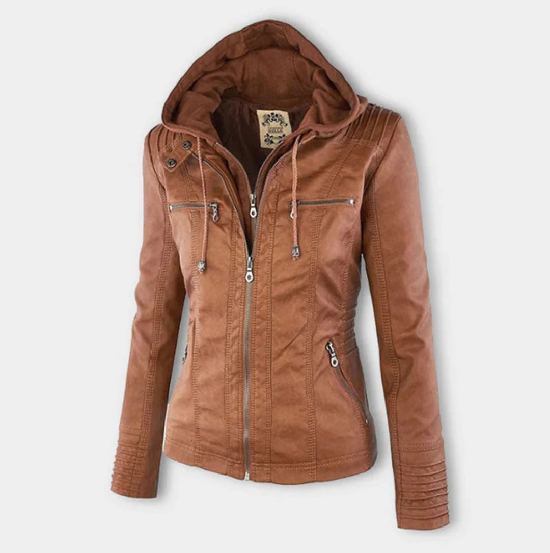 Victoria | Women's Hooded Faux Leather Moto Jacket with Adjustable Drawstring Waist