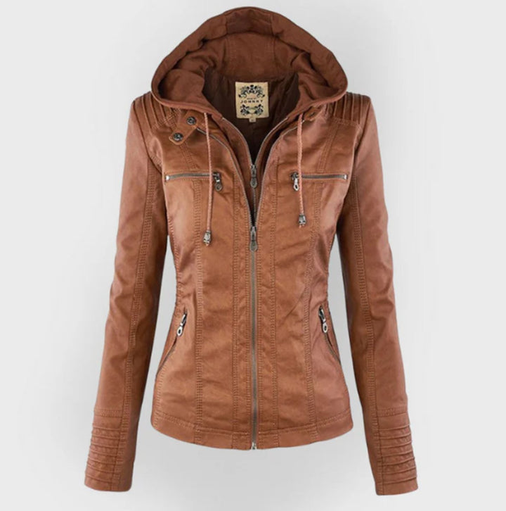 Victoria | Women's Hooded Faux Leather Moto Jacket with Adjustable Drawstring Waist