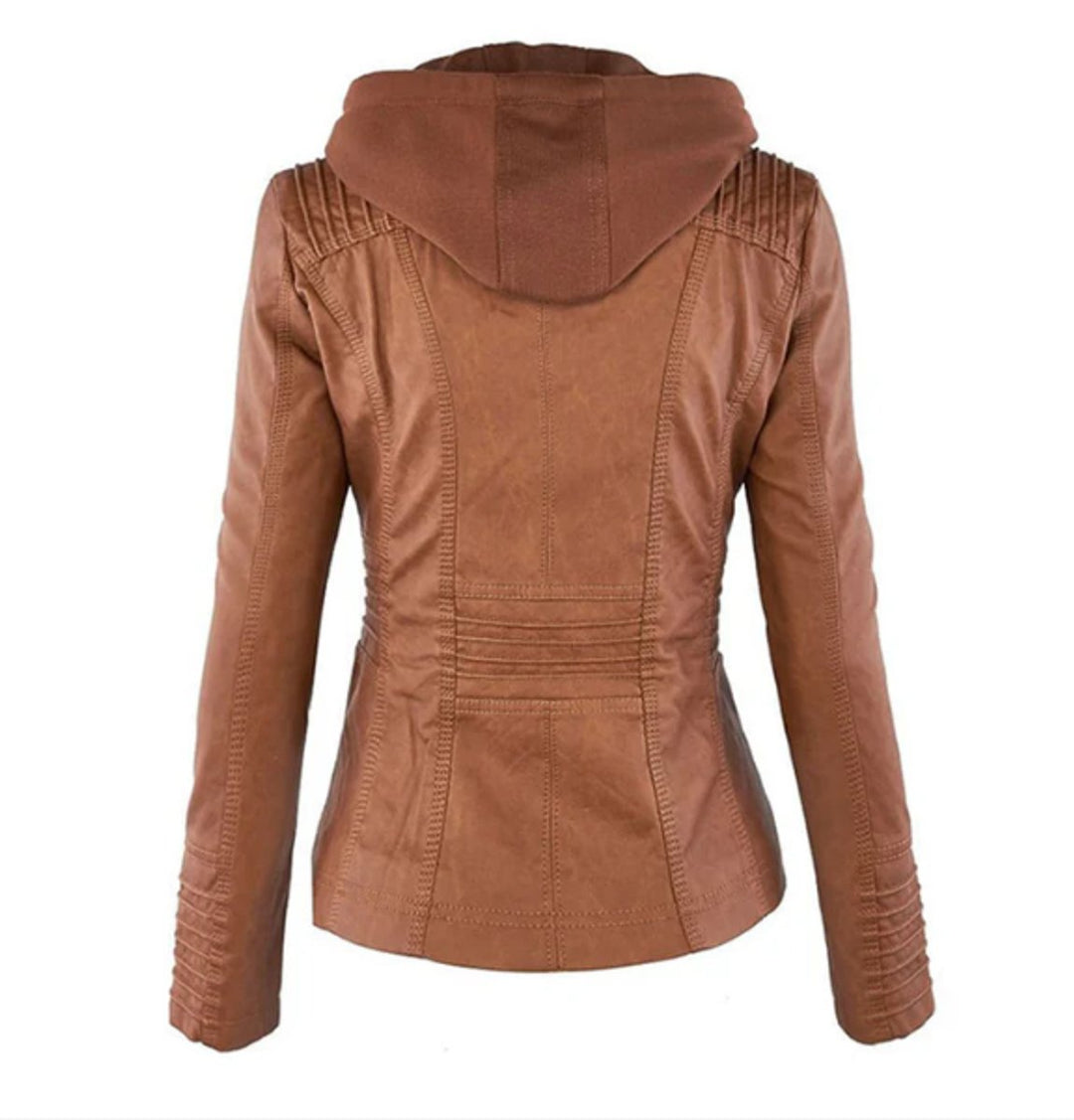 Victoria | Women's Hooded Faux Leather Moto Jacket with Adjustable Drawstring Waist