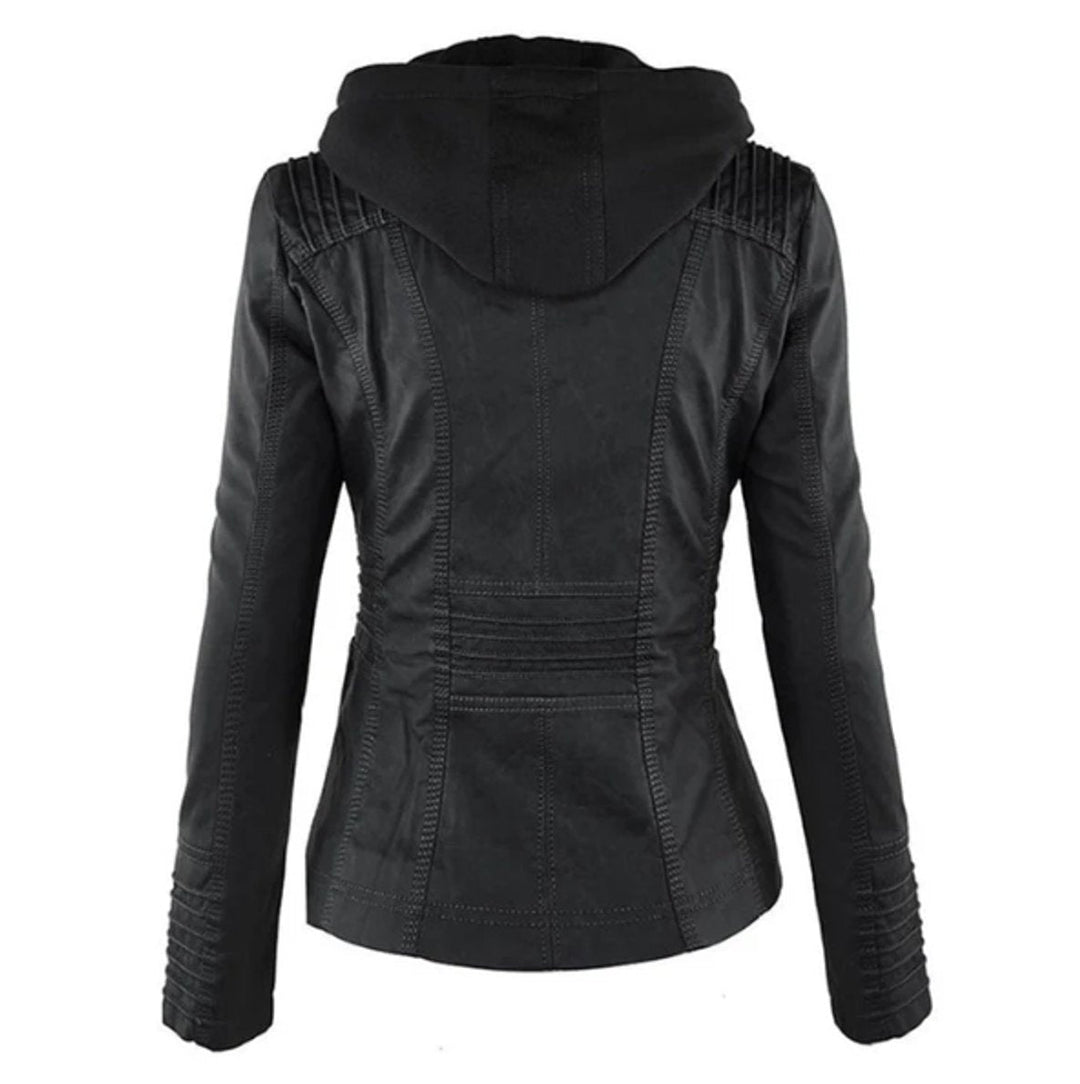 Victoria | Women's Hooded Faux Leather Moto Jacket with Adjustable Drawstring Waist
