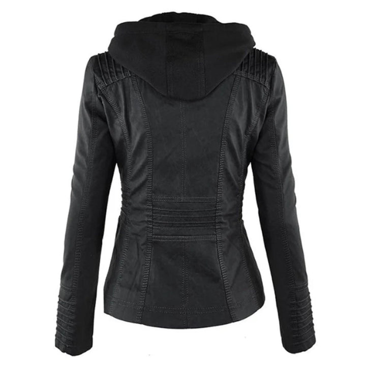 Victoria | Women's Hooded Faux Leather Moto Jacket with Adjustable Drawstring Waist