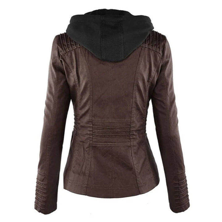 Victoria | Women's Hooded Faux Leather Moto Jacket with Adjustable Drawstring Waist