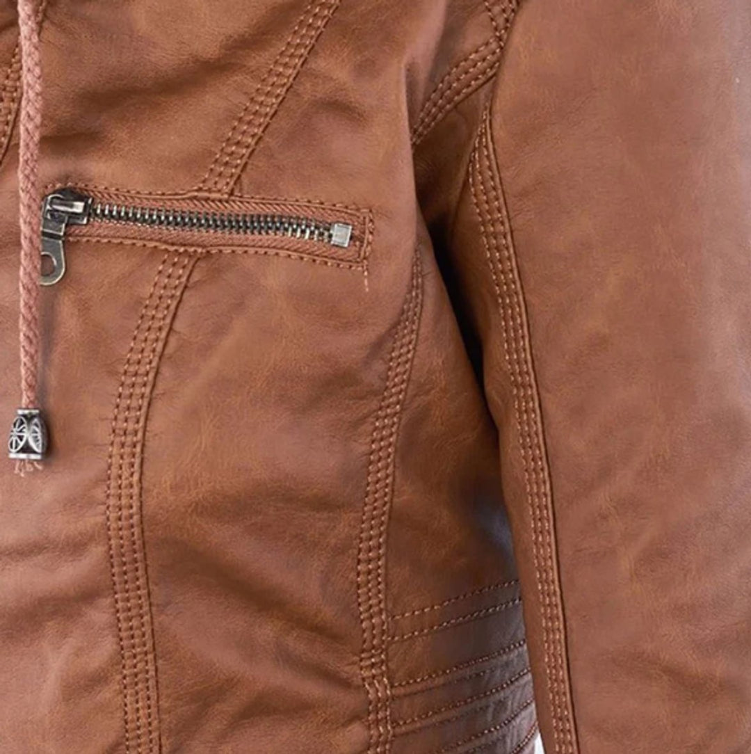 Victoria | Women's Hooded Faux Leather Moto Jacket with Adjustable Drawstring Waist