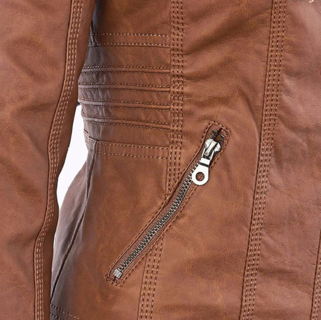 Victoria | Women's Hooded Faux Leather Moto Jacket with Adjustable Drawstring Waist