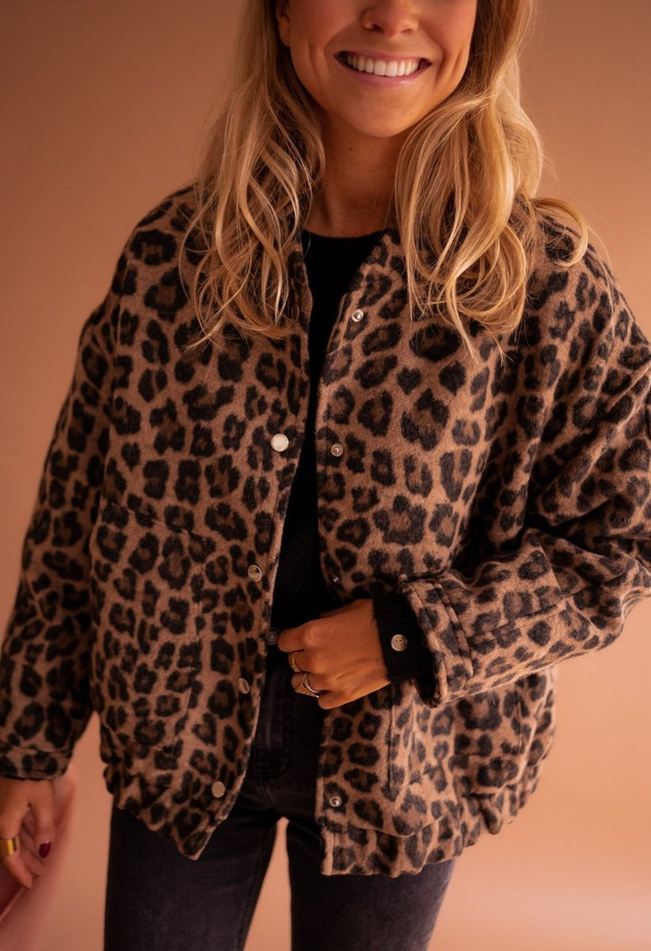 Evelyn Women's Quilted Leopard Print Jacket with Snap Button Closure