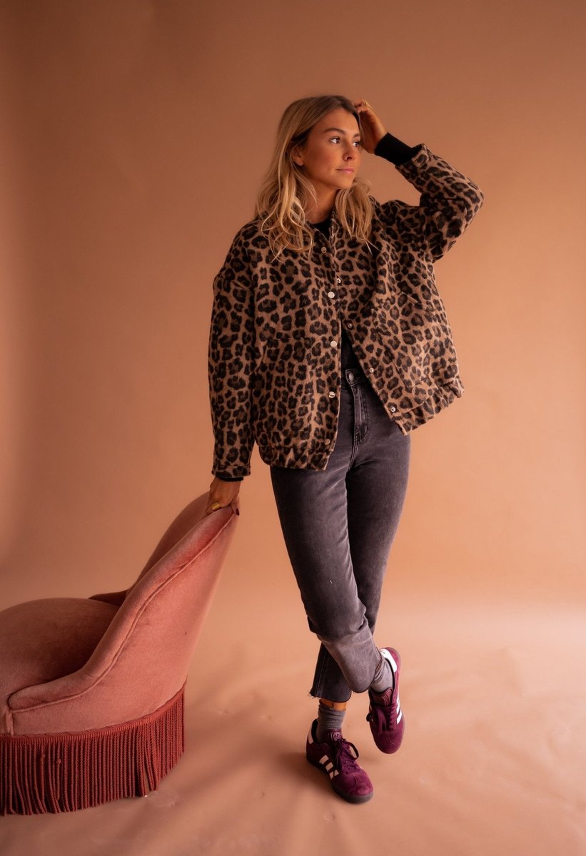 Evelyn Women's Quilted Leopard Print Jacket with Snap Button Closure