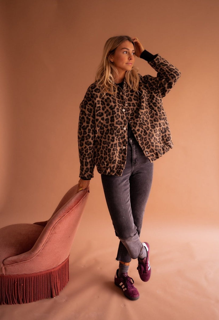 Evelyn Women's Quilted Leopard Print Jacket with Snap Button Closure
