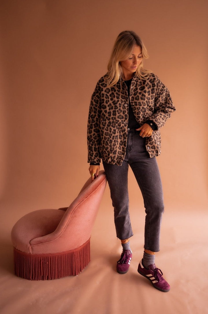 Evelyn Women's Quilted Leopard Print Jacket with Snap Button Closure