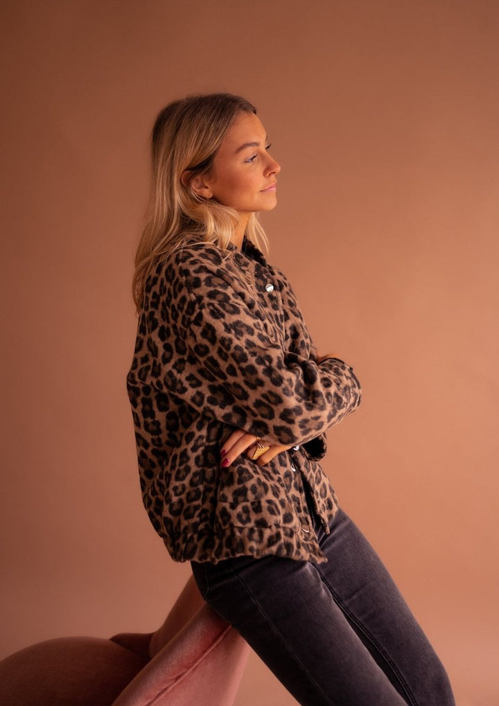 Evelyn Women's Quilted Leopard Print Jacket with Snap Button Closure