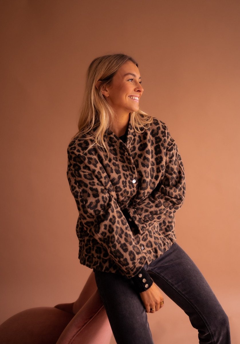 Evelyn Women's Quilted Leopard Print Jacket with Snap Button Closure