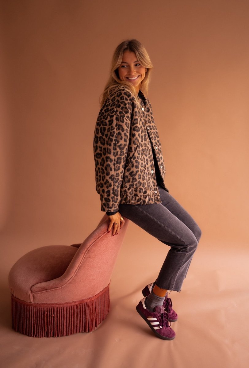 Evelyn Women's Quilted Leopard Print Jacket with Snap Button Closure