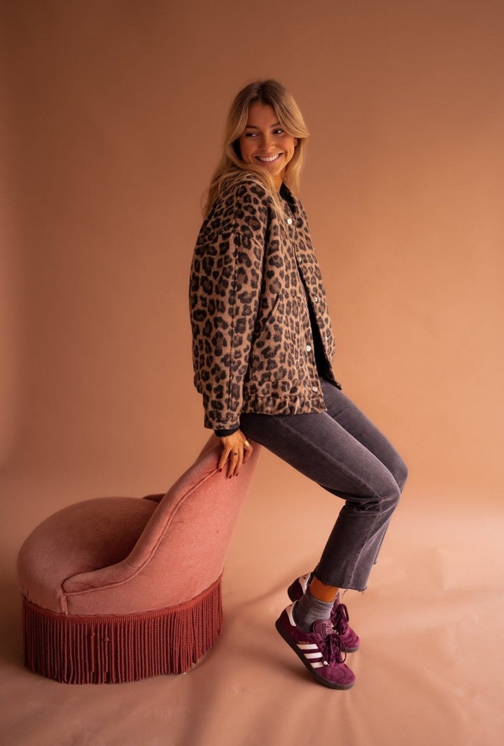 Evelyn Women's Quilted Leopard Print Jacket with Snap Button Closure