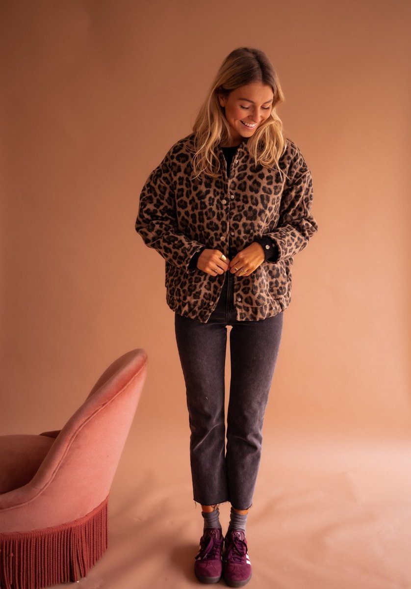 Evelyn Women's Quilted Leopard Print Jacket with Snap Button Closure