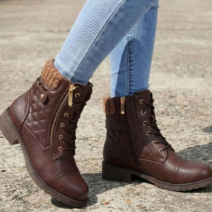 Theodosia | Women's Quilted Lace-Up Ankle Boots with Side Zipper
