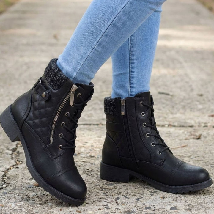 Theodosia | Women's Quilted Lace-Up Ankle Boots with Side Zipper