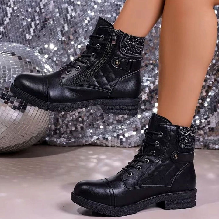 Theodosia | Women's Quilted Lace-Up Ankle Boots with Side Zipper