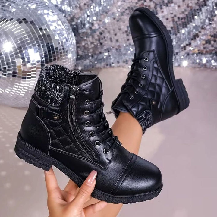 Theodosia | Women's Quilted Lace-Up Ankle Boots with Side Zipper