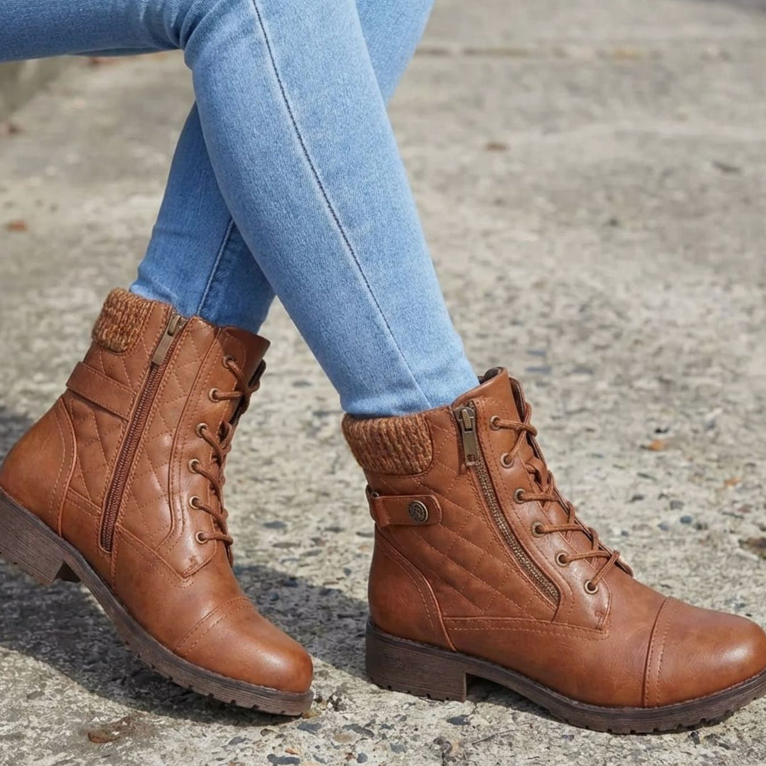 Theodosia | Women's Quilted Lace-Up Ankle Boots with Side Zipper
