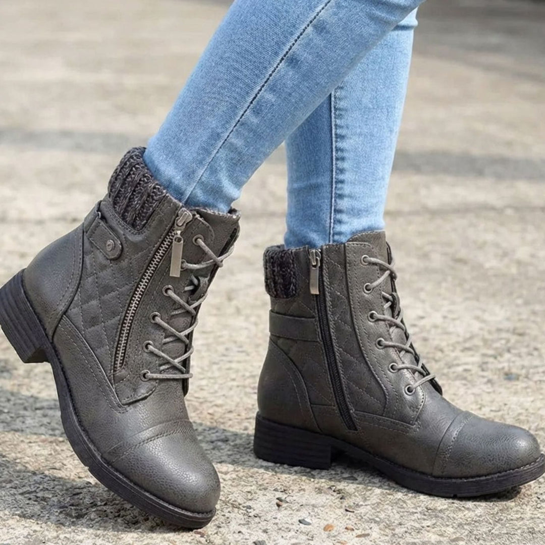 Theodosia | Women's Quilted Lace-Up Ankle Boots with Side Zipper