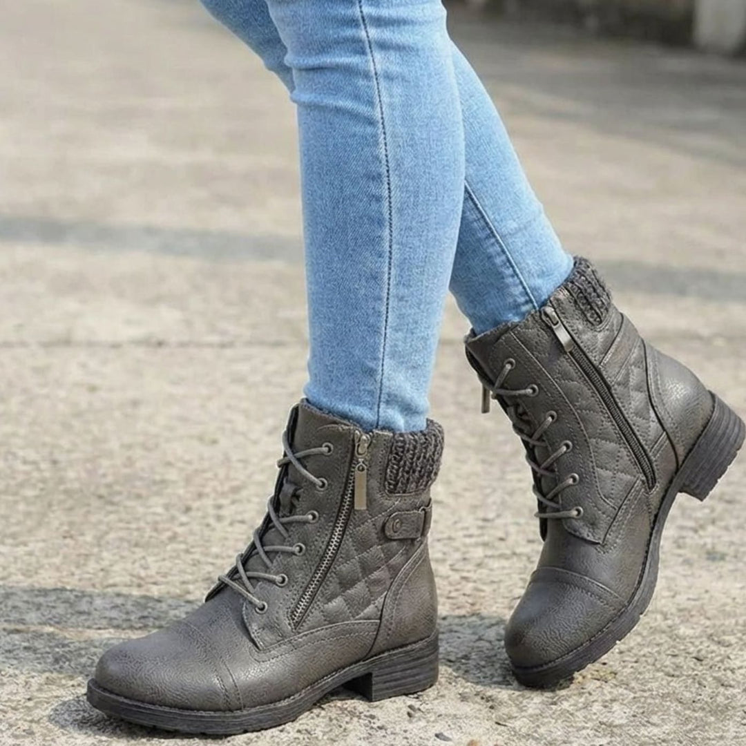 Theodosia | Women's Quilted Lace-Up Ankle Boots with Side Zipper