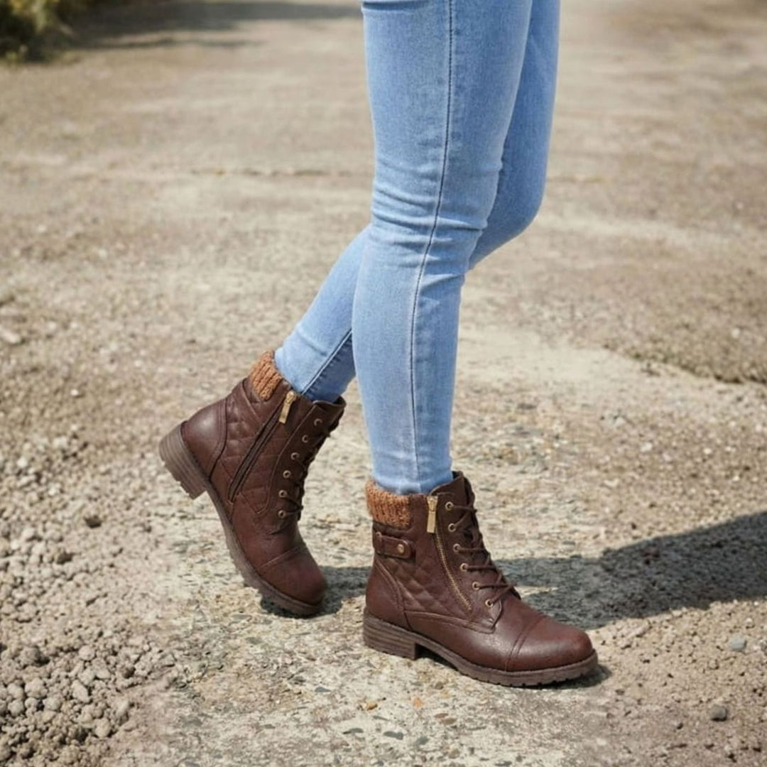 Theodosia | Women's Quilted Lace-Up Ankle Boots with Side Zipper