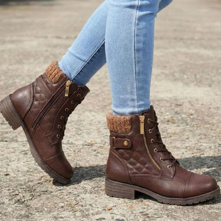 Theodosia | Women's Quilted Lace-Up Ankle Boots with Side Zipper