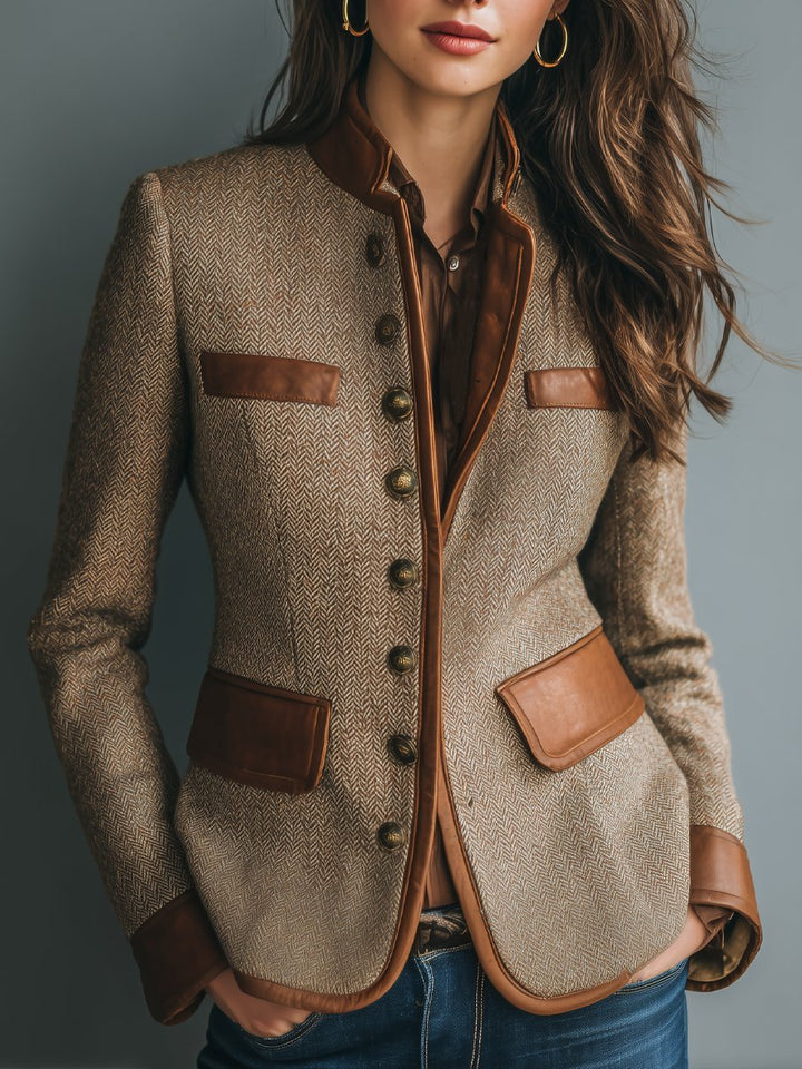 Sophia Women's Herringbone Tweed Jacket with Faux Leather Trim