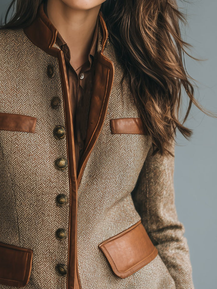 Sophia Women's Herringbone Tweed Jacket with Faux Leather Trim